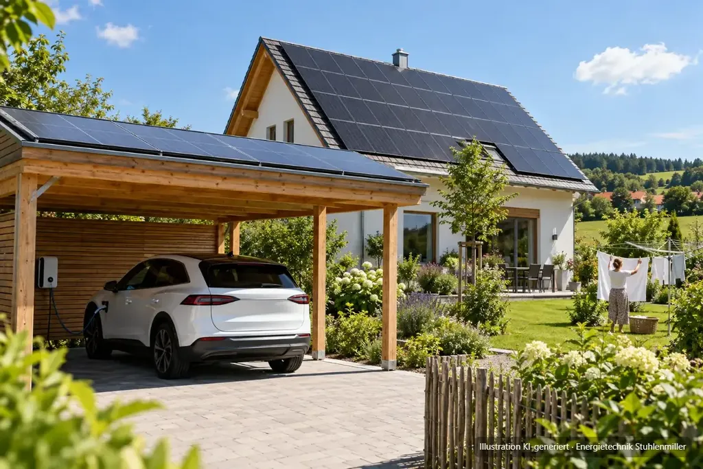 KI-generierte Illustration: E-Auto lädt mittags unter einem Carport mit Photovoltaik, daneben das Einfamilienhaus mit voll belegtem Dach