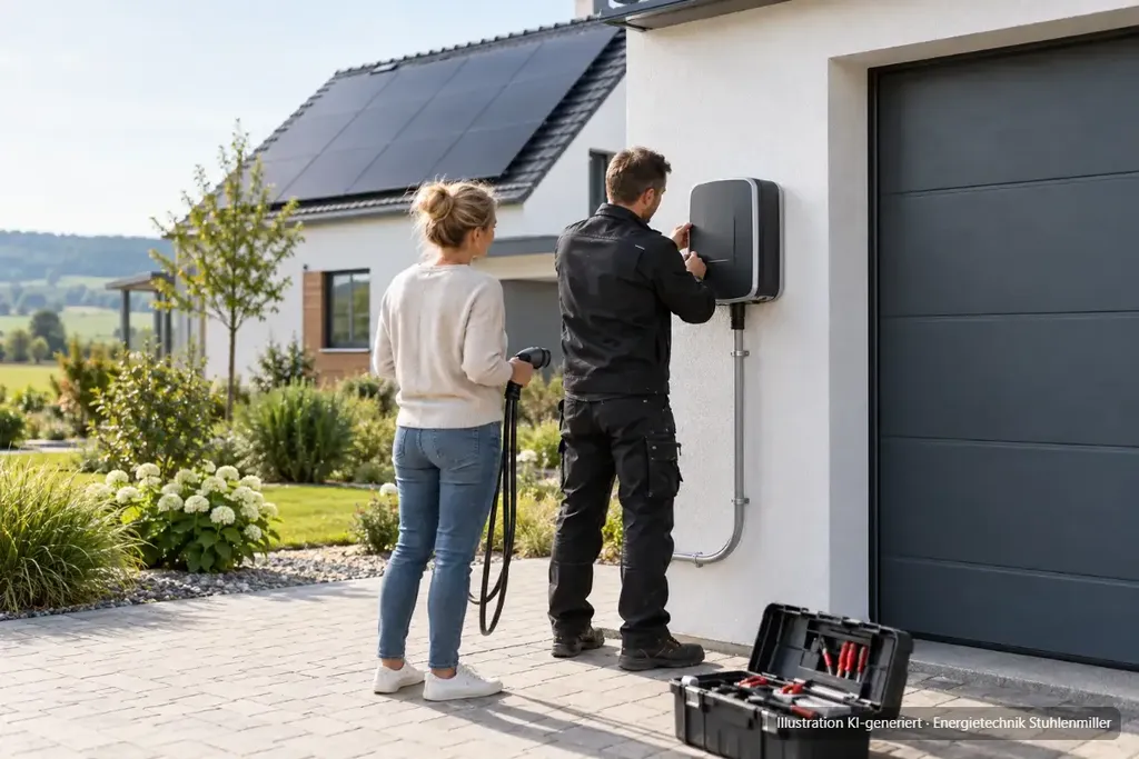 KI-generierte Illustration: Elektriker montiert eine Wallbox an der Garagenwand, die Hausbesitzerin hält das Ladekabel