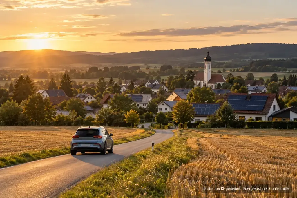 KI-generierte Illustration: E-Auto fährt am Abend auf einer Landstraße zwischen Feldern auf ein Dorf mit Photovoltaikdächern zu