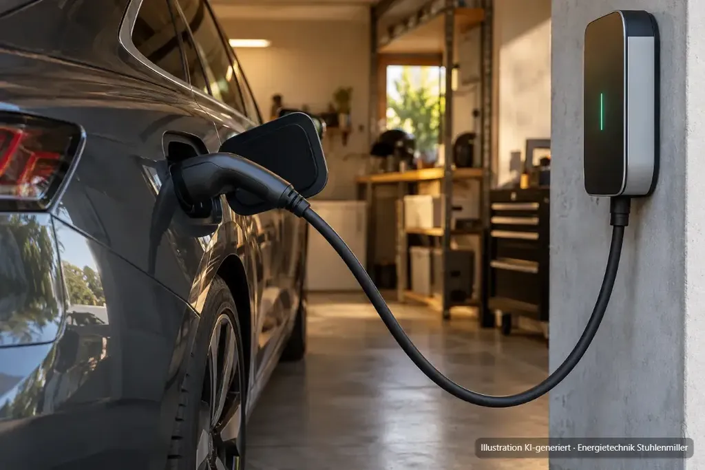 KI-generierte Illustration: Nahaufnahme eines Ladesteckers am E-Auto, das Kabel führt zu einer Wallbox mit grüner Statusanzeige