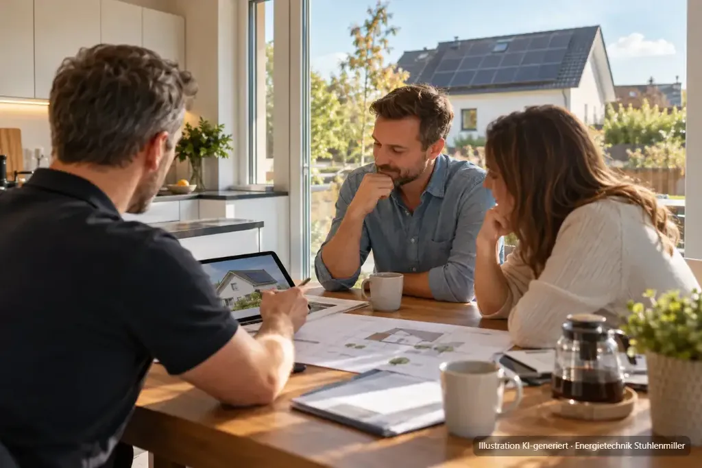 KI-generierte Illustration: Berater und Hausbesitzer-Paar am Küchentisch mit Tablet und Dachplan, durch das Fenster ist ein Nachbarhaus mit Photovoltaikanlage zu sehen