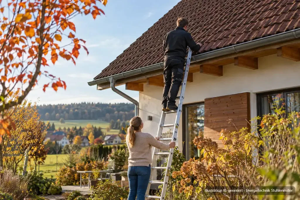 KI-generierte Illustration: Planer auf einer Leiter prüft im Herbst die Dacheindeckung eines Einfamilienhauses, die Hausbesitzerin sichert unten die Leiter
