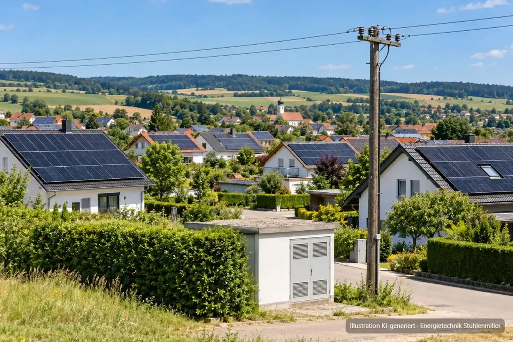 KI-generierte Illustration: Wohnsiedlung in Bayerisch-Schwaben in der Mittagssonne mit Photovoltaik auf fast jedem Dach, im Vordergrund eine Trafostation des Ortsnetzes und ein Strommast