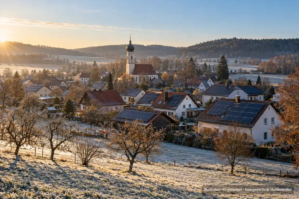 KI-generierte Illustration: Dorf in Bayerisch-Schwaben mit Zwiebelturm-Kirche und Photovoltaikanlagen an einem frostigen Spätherbstmorgen