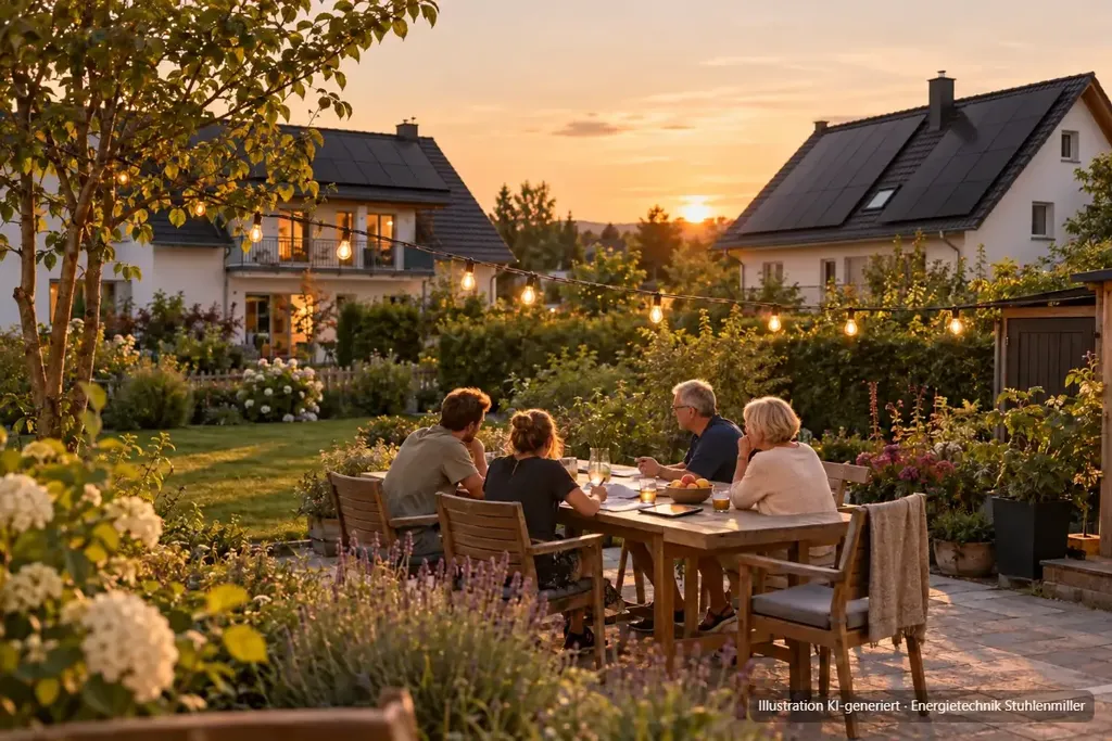 KI-generierte Illustration: Vier Nachbarn sitzen am Abend an einem Gartentisch unter einer Lichterkette und besprechen Unterlagen