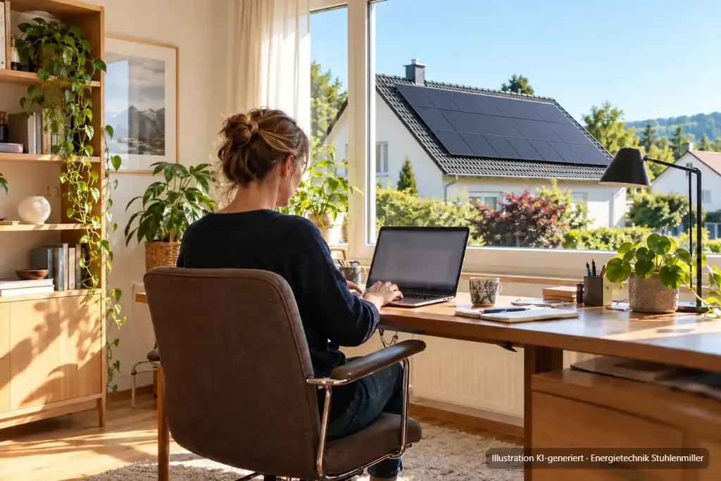 KI-generierte Illustration: Frau arbeitet im Homeoffice am Laptop, durch das Fenster ist das Nachbarhaus mit Photovoltaikanlage zu sehen