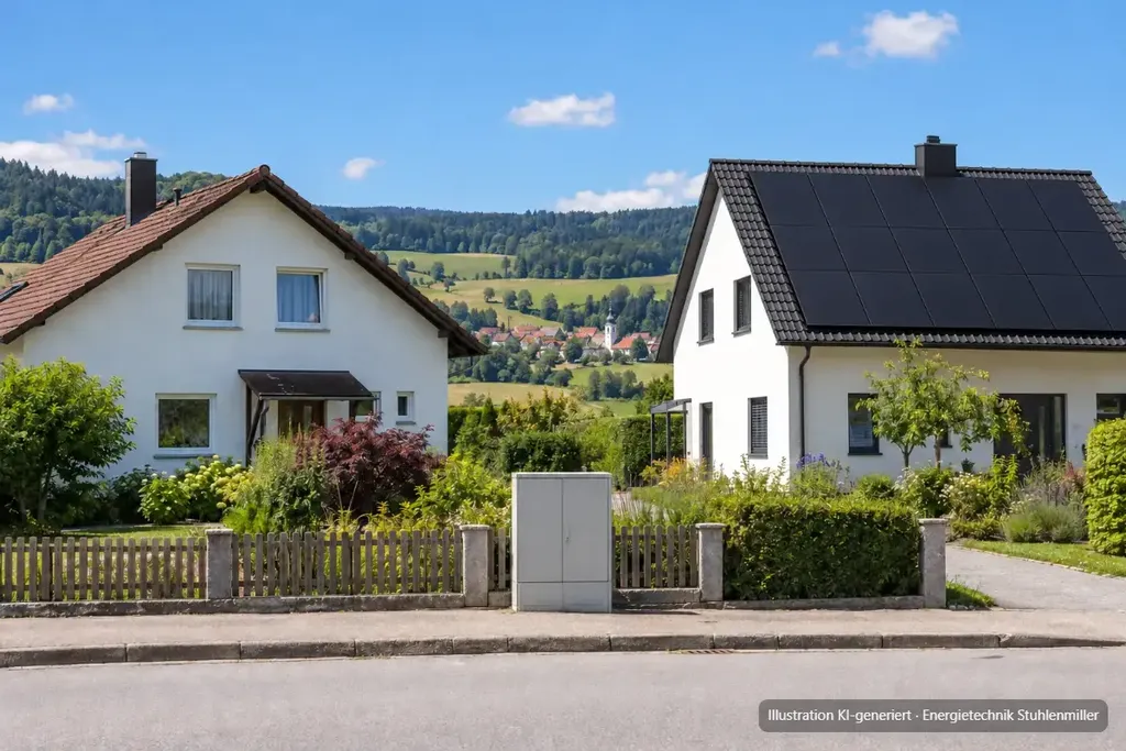 KI-generierte Illustration: Zwei Nachbarhäuser, eines mit großer Photovoltaikanlage und eines ohne, davor ein Kabelverteilerschrank des Ortsnetzes