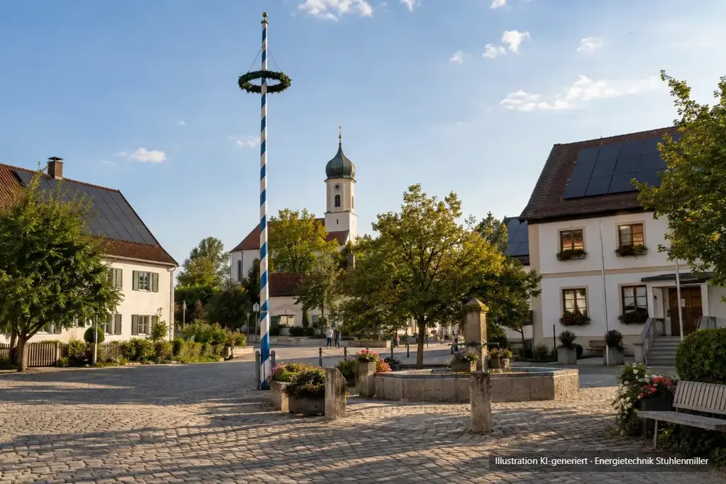 KI-generierte Illustration: Dorfplatz in Bayerisch-Schwaben mit weiß-blauem Maibaum, Kirche und Photovoltaik auf den Dächern