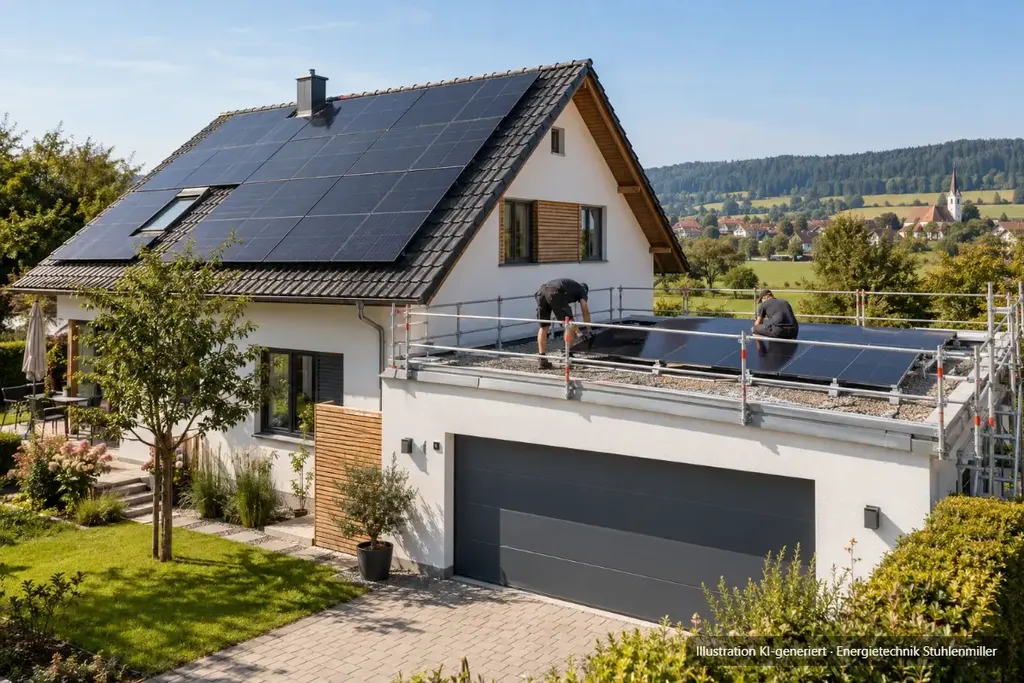 KI-generierte Illustration: Zwei Monteure ergänzen auf dem Garagendach ein zweites Modulfeld, das Hausdach ist bereits mit Photovoltaik belegt.