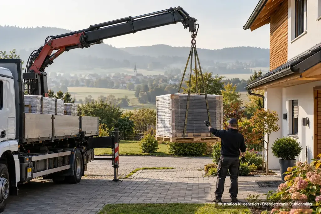 KI-generierte Illustration: Ein Lkw mit Ladekran liefert eine Palette Solarmodule in die Hofeinfahrt eines Einfamilienhauses, ein Monteur weist ein.