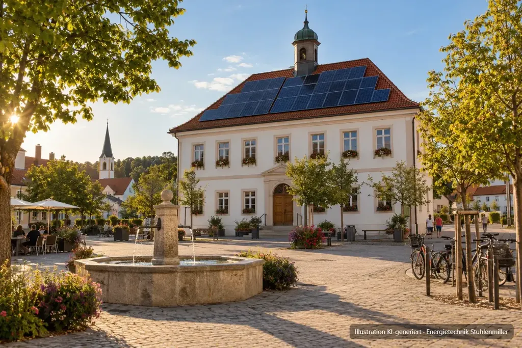 KI-generierte Illustration: Marktplatz eines schwäbischen Ortes mit Brunnen, auf dem Dach des Rathauses liegt eine Photovoltaikanlage.