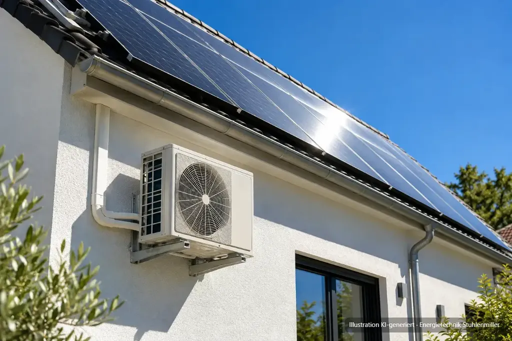 KI-generierte Illustration: Photovoltaikmodule am Dachrand in der Mittagssonne, darunter das Außengerät einer Split-Klimaanlage an der Hauswand