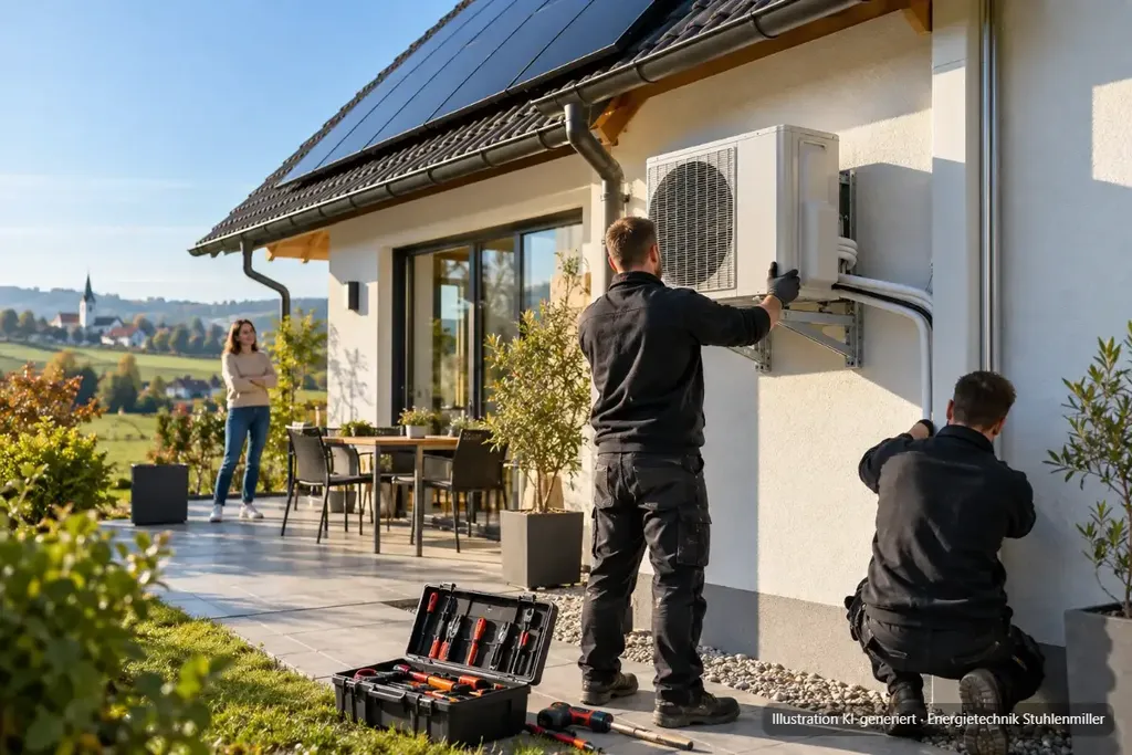 KI-generierte Illustration: Kältetechniker montieren das Außengerät einer Split-Klimaanlage an der Hauswand, die Hausbesitzerin schaut von der Terrasse zu