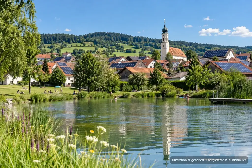 KI-generierte Illustration: Badeweiher am Ortsrand an einem Sommertag, dahinter ein Dorf in Bayerisch-Schwaben mit Photovoltaik auf den Dächern und Kirchturm