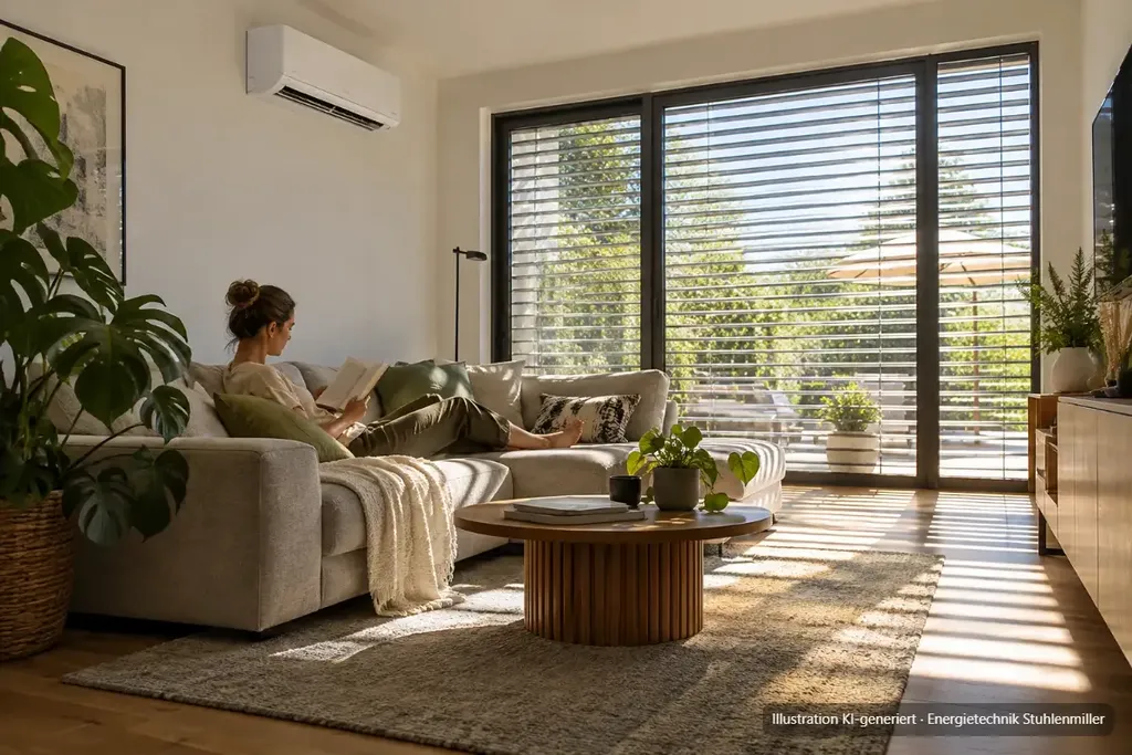 KI-generierte Illustration: Kühles Wohnzimmer mit Split-Klimagerät an der Wand, eine Frau liest auf dem Sofa, draußen gleißende Sonne hinter Raffstores