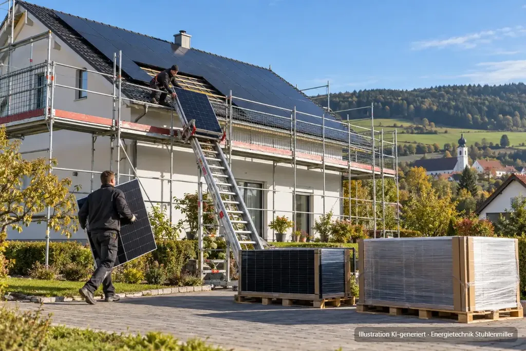 KI-generierte Illustration: Montage einer Photovoltaikanlage mit Gerüst und Materialaufzug, ein Monteur trägt ein Modul, in der Einfahrt stehen Modulpaletten