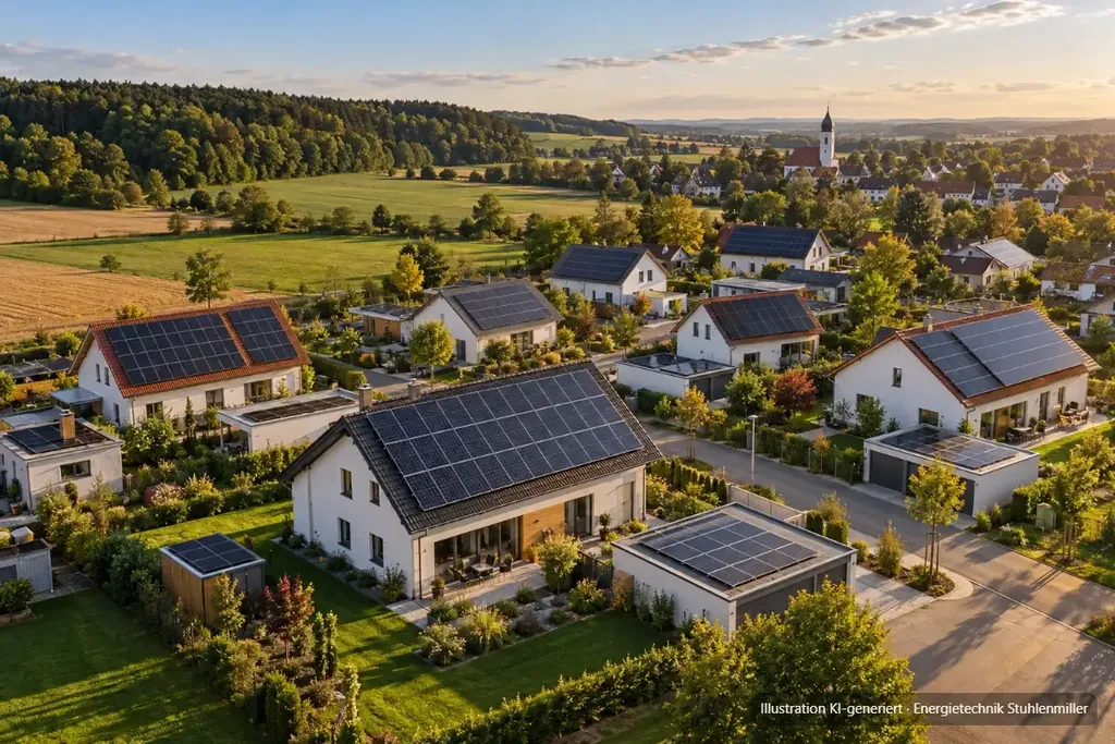 KI-generierte Illustration: Luftbild eines Neubaugebiets in Bayerisch-Schwaben mit Photovoltaikanlagen auf Süd- und Ost-West-Dächern