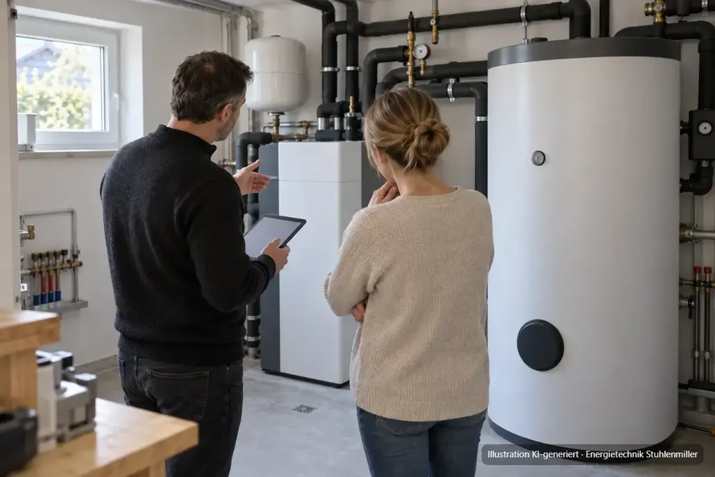 KI-generierte Illustration: Energieberater mit Tablet und Hausbesitzerin im Technikraum vor Wärmepumpe und Warmwasserspeicher