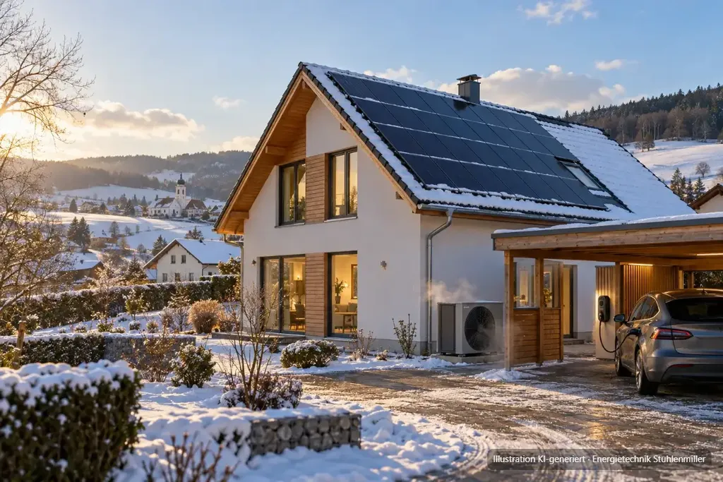 KI-generierte Illustration: Verschneites Einfamilienhaus mit Photovoltaikanlage im Winter, Wärmepumpe an der Hauswand und E-Auto unter dem Carport