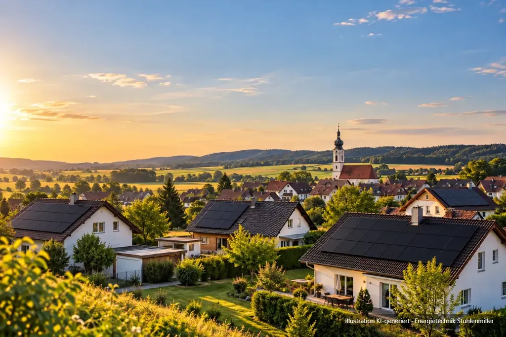 KI-generierte Illustration: Blick über ein Dorf in Bayerisch-Schwaben mit Photovoltaikanlagen auf mehreren Dächern und Kirchturm im Abendlicht