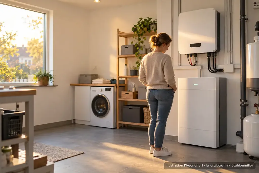 KI-generierte Illustration: Hauswirtschaftsraum mit Batteriespeicher und Wechselrichter an der Wand, eine Hausbesitzerin schaut auf die Statusanzeige des Speichers