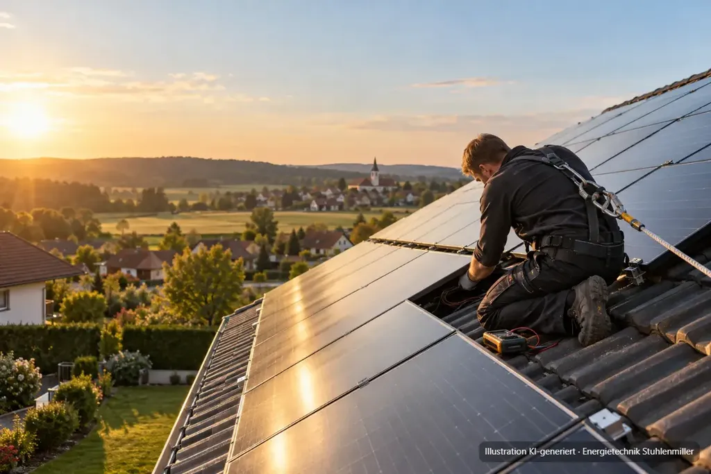 KI-generierte Illustration: Servicetechniker mit Anseilsicherung prüft auf dem Dach eine Steckverbindung unter den Photovoltaikmodulen