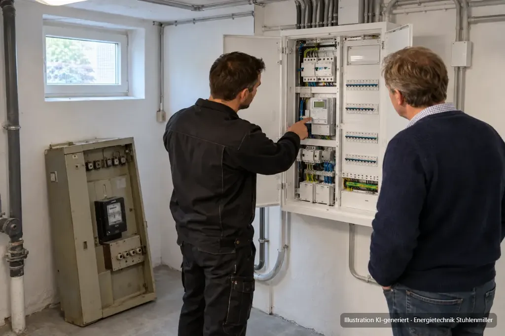 KI-generierte Illustration: Elektriker zeigt einem Hausbesitzer den neu montierten Zählerschrank im Keller, daneben lehnt der ausgebaute alte Zählerschrank