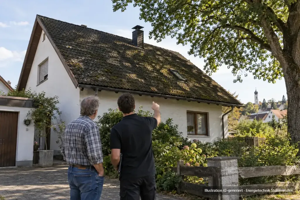 KI-generierte Illustration: Berater und Hausbesitzer vor einem älteren Haus mit moosigem Dach, eine große Eiche wirft Schatten auf die Dachfläche