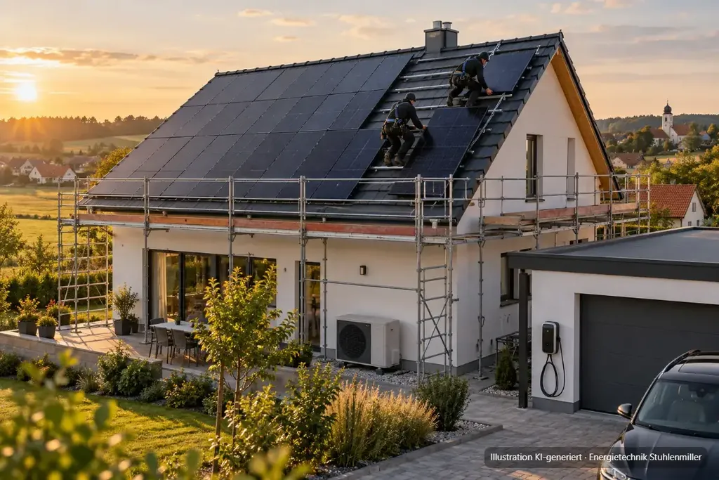 KI-generierte Illustration: Monteure belegen die zweite Dachhälfte eines Einfamilienhauses mit Photovoltaikmodulen, Gerüst mit Seitenschutz, Wallbox an der Garage und Wärmepumpe an der Hauswand