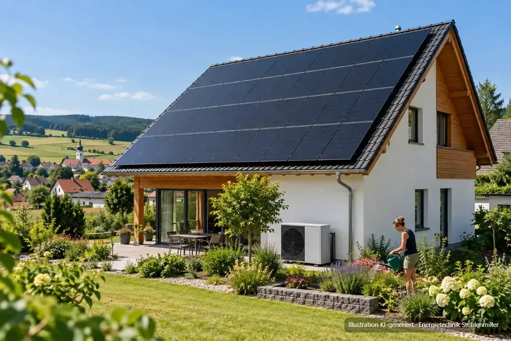 KI-generierte Illustration: Einfamilienhaus mit voll belegtem Photovoltaikdach in der Mittagssonne, Wärmepumpe an der Hauswand, Hausbesitzer gießt das Beet