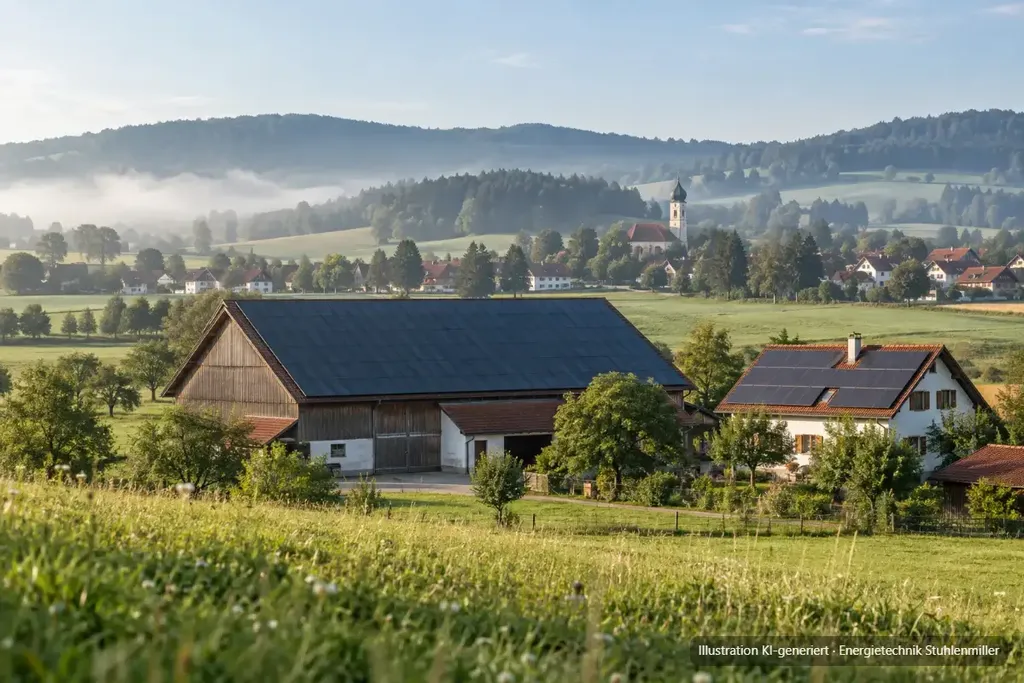 KI-generierte Illustration: Landwirtschaftliches Anwesen in Bayerisch-Schwaben mit Photovoltaik auf dem Scheunendach, Morgendunst über den Wiesen und Dorf mit Zwiebelturm