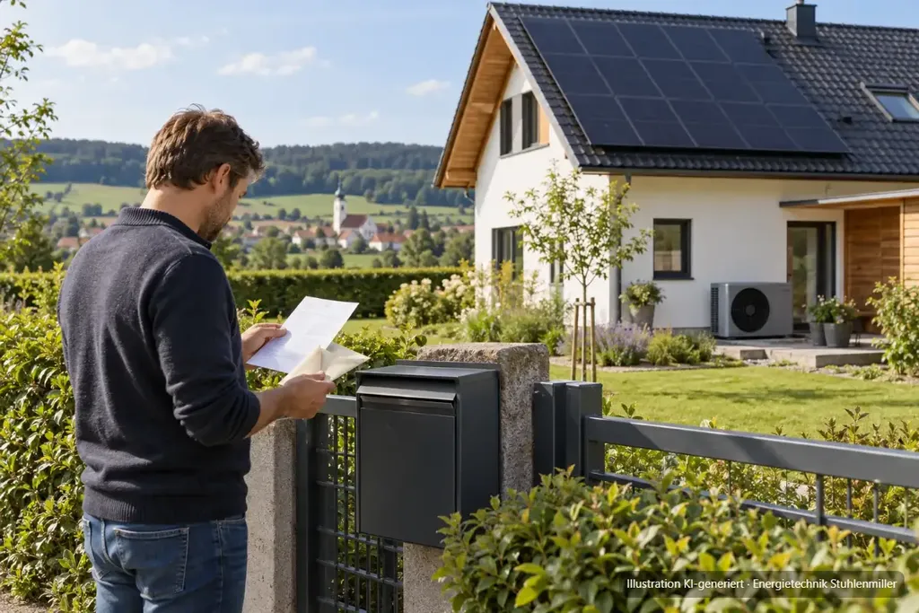 KI-generierte Illustration: Hausbesitzer liest am Briefkasten einen Brief, im Hintergrund sein Haus mit Photovoltaikanlage und Wärmepumpe