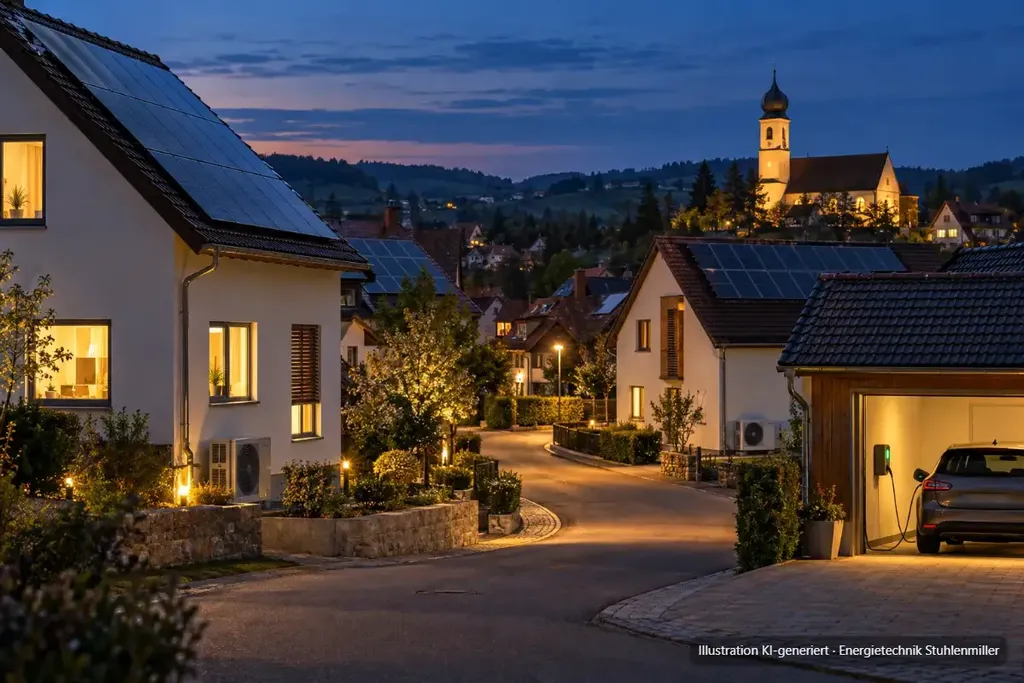 KI-generierte Illustration: Dorfstraße in Bayerisch-Schwaben zur blauen Stunde mit Photovoltaik auf den Dächern, Wärmepumpe und einem E-Auto an der Wallbox