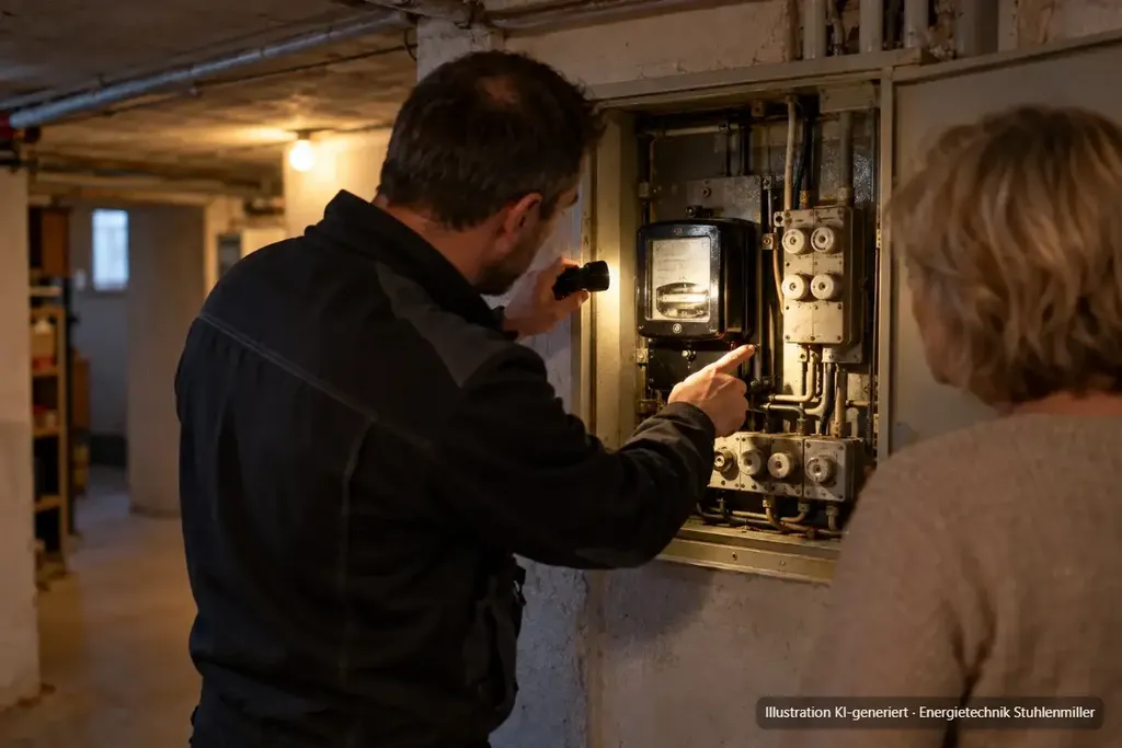 KI-generierte Illustration: Elektriker leuchtet mit der Taschenlampe in einen alten Zählerschrank mit mechanischem Stromzähler und Schraubsicherungen