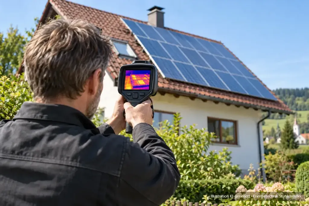 KI-generierte Illustration: Servicetechniker prüft die alte Photovoltaikanlage auf dem Dach mit einer Wärmebildkamera