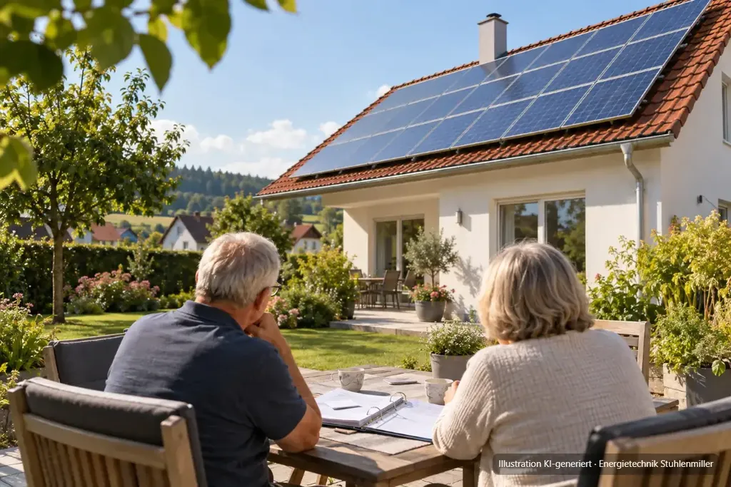 KI-generierte Illustration: Älteres Ehepaar am Gartentisch mit Ordner und Unterlagen, auf dem Dach des Hauses die alte Photovoltaikanlage mit blauen Modulen