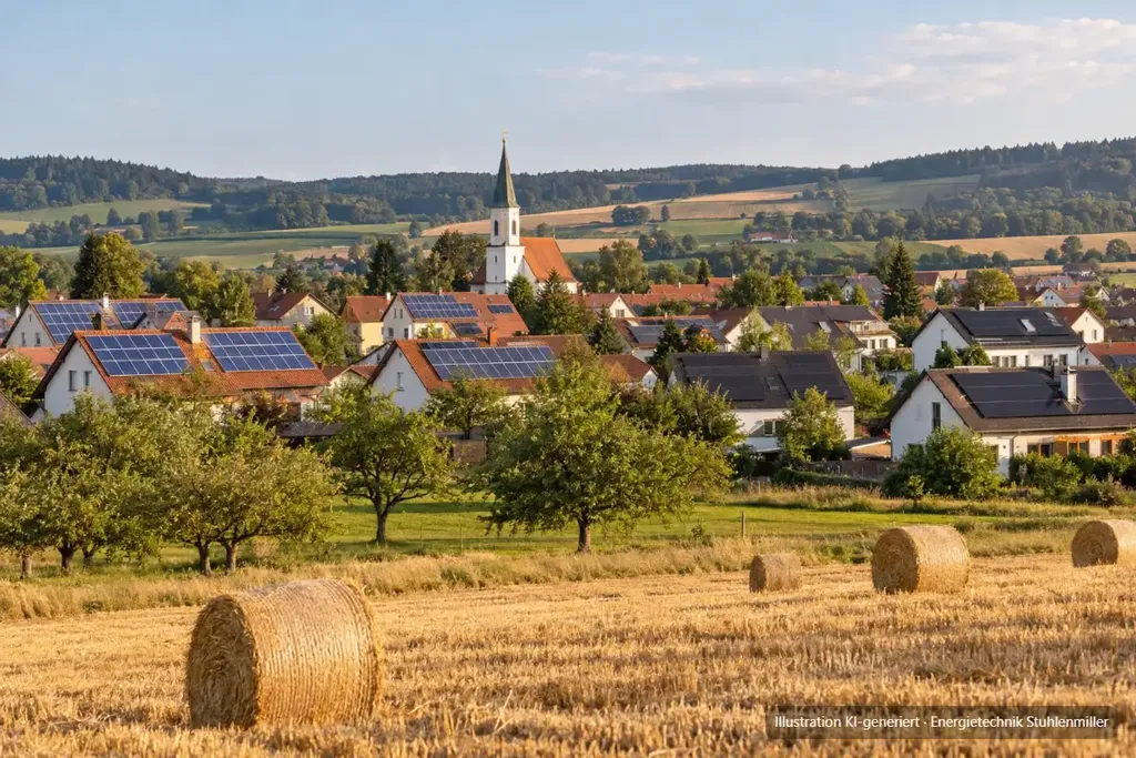 KI-generierte Illustration: Ortsrand in Bayerisch-Schwaben mit alten blauen und neuen schwarzen Photovoltaikanlagen, im Vordergrund ein abgeerntetes Feld mit Strohballen