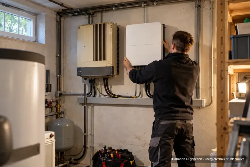 KI-generierte Illustration: Elektriker montiert im Keller einen neuen weißen Wechselrichter neben dem alten Gerät aus den frühen 2000er-Jahren